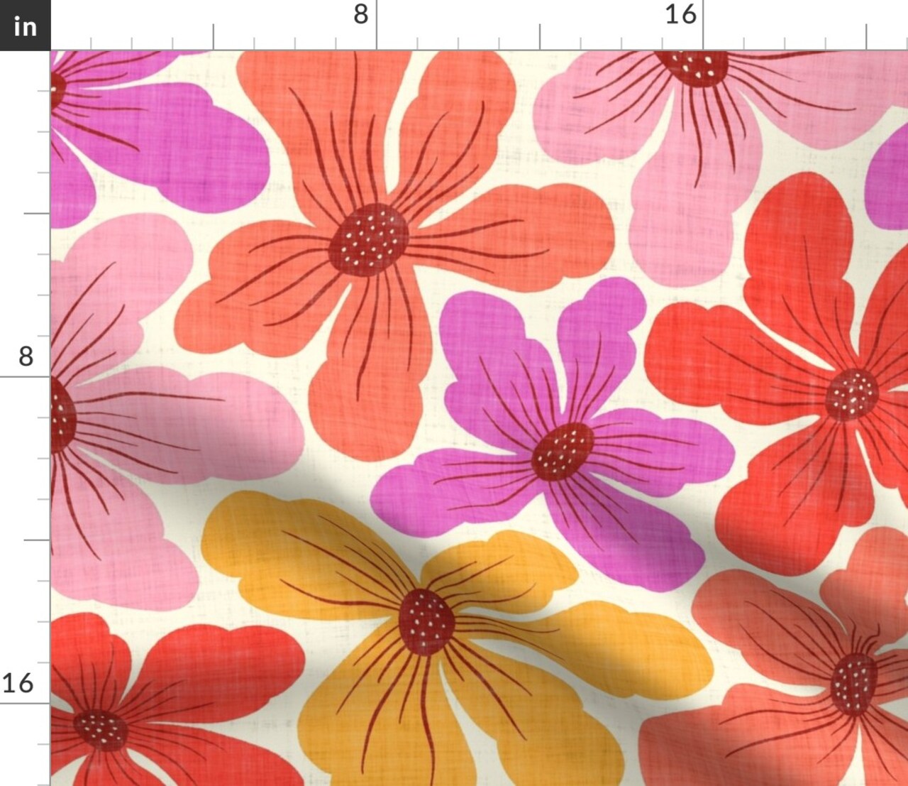 Retro Bold Floral Faux Linen Texture 70S Blooms Large Scale Colorful Summer Spring Pink Orange Yellow Coral Boho Bohemian Eclectic Crosshatch Custom Printed Fabric by Spoonflower Various Fabrics by the Yard or Fat Quarter
